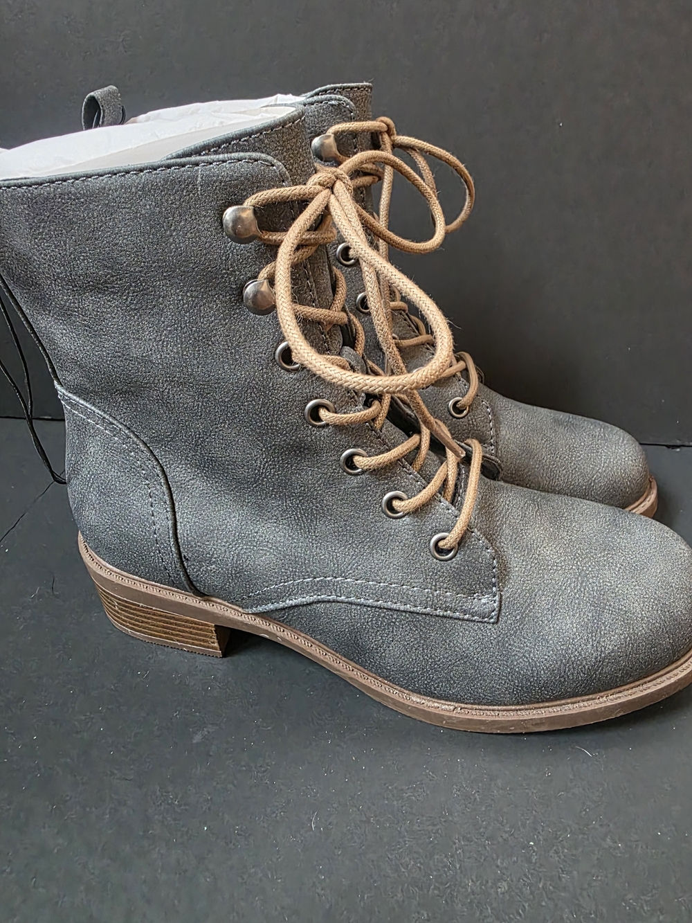 Maurices women’s Gray Lace-Up Ankle Boots with Tan Laces